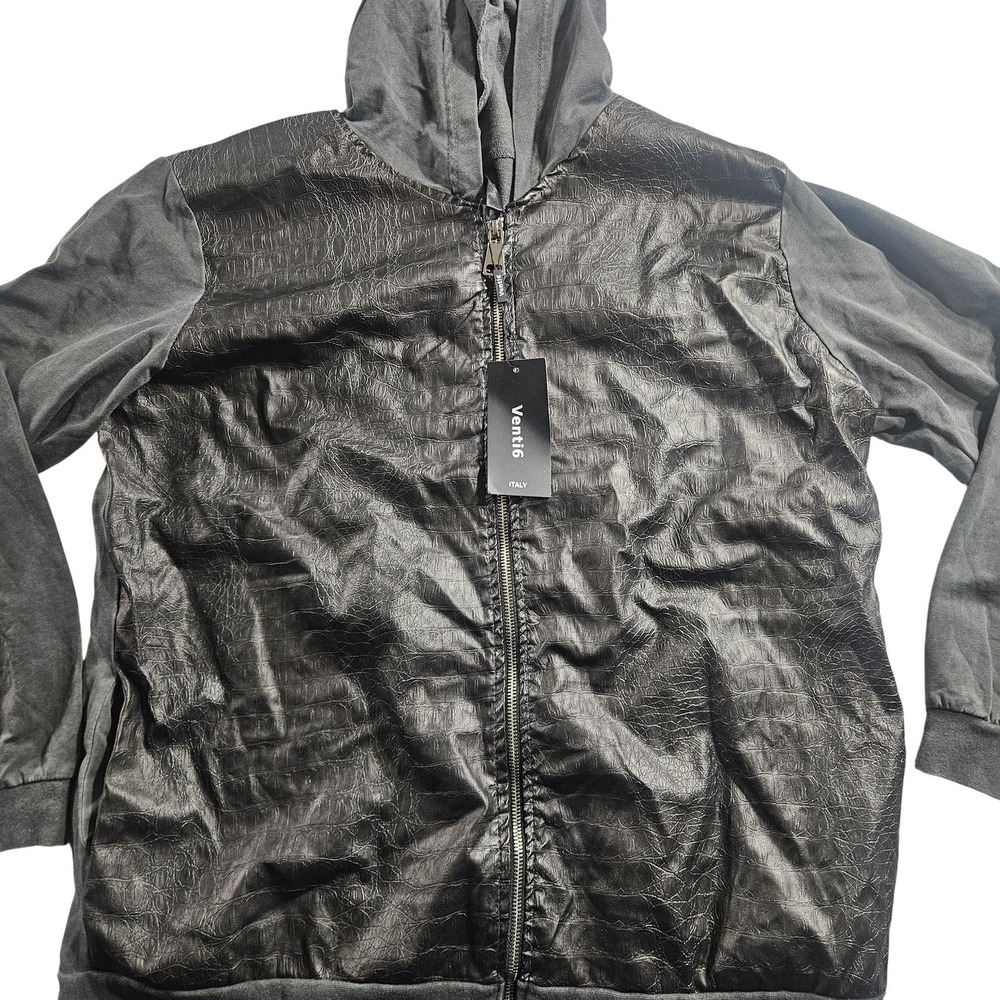 Venti6 Jacket Womens Medium Faux Leather Hooded Full Zip Black Textured Italy‎